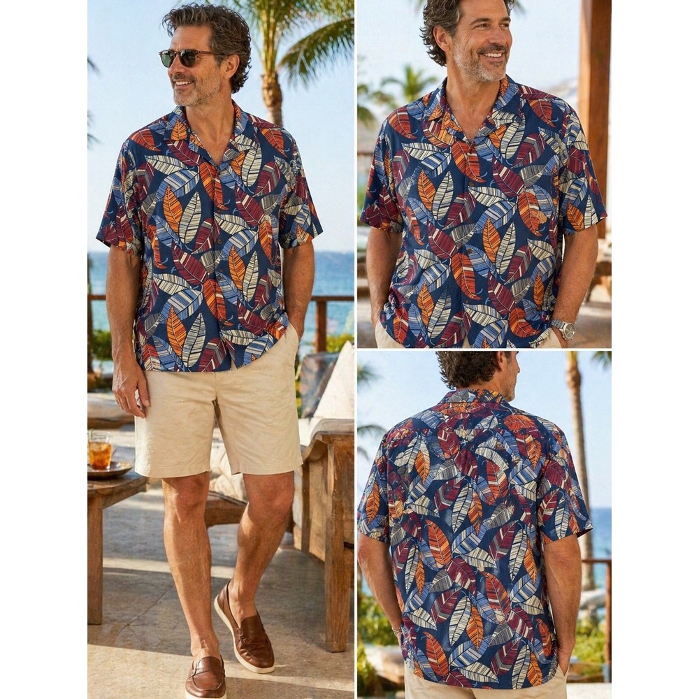 Tommy Bahama Silk Camp Shirt L Blue Leaf Print Hawaiian Resort Button Front